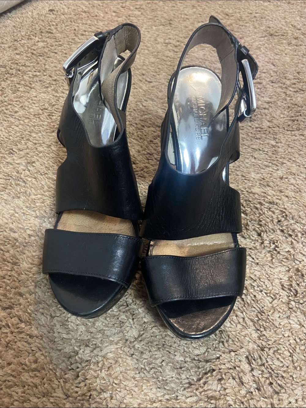 MICHAEL Michael Kors Black Leather Open-Toe Slingback Heels